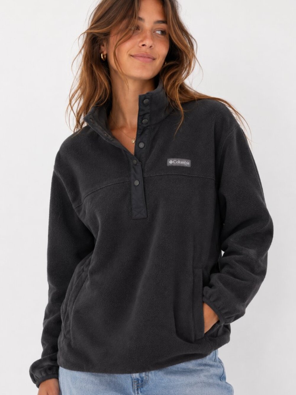 Columbia Snap Pullover Fleece Black Panelled Snap Pockets Layering Womens XL